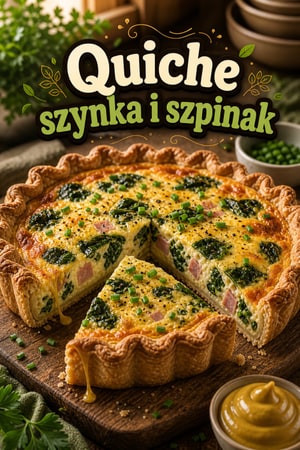 Prosty śniadaniowy quiche z szynką, szpinakiem i serem