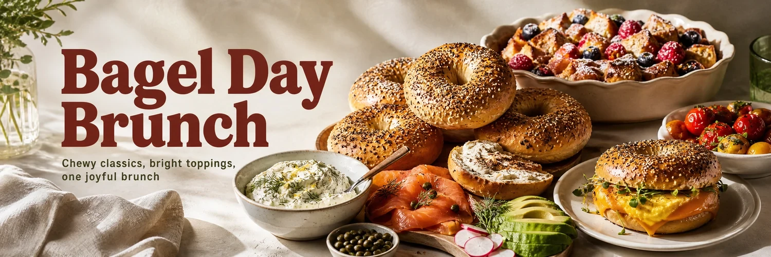 Wide brunch spread with everything bagels, lemon-dill cream cheese, smoked salmon, avocado, roasted tomatoes, an egg sandwich, and berry bagel bake beside the Bagel Day Brunch headline.