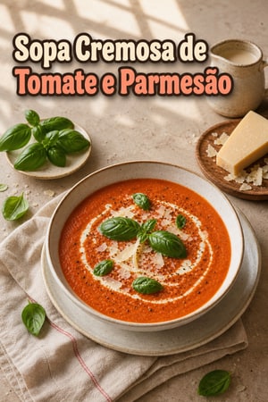 Sopa Cremosa de Tomate e Parmesão com Manjericão Fresco