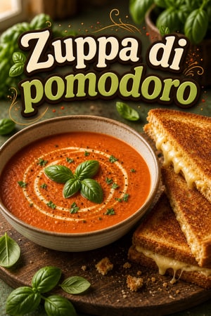 Zuppa cremosa di pomodoro e basilico con grilled croccante