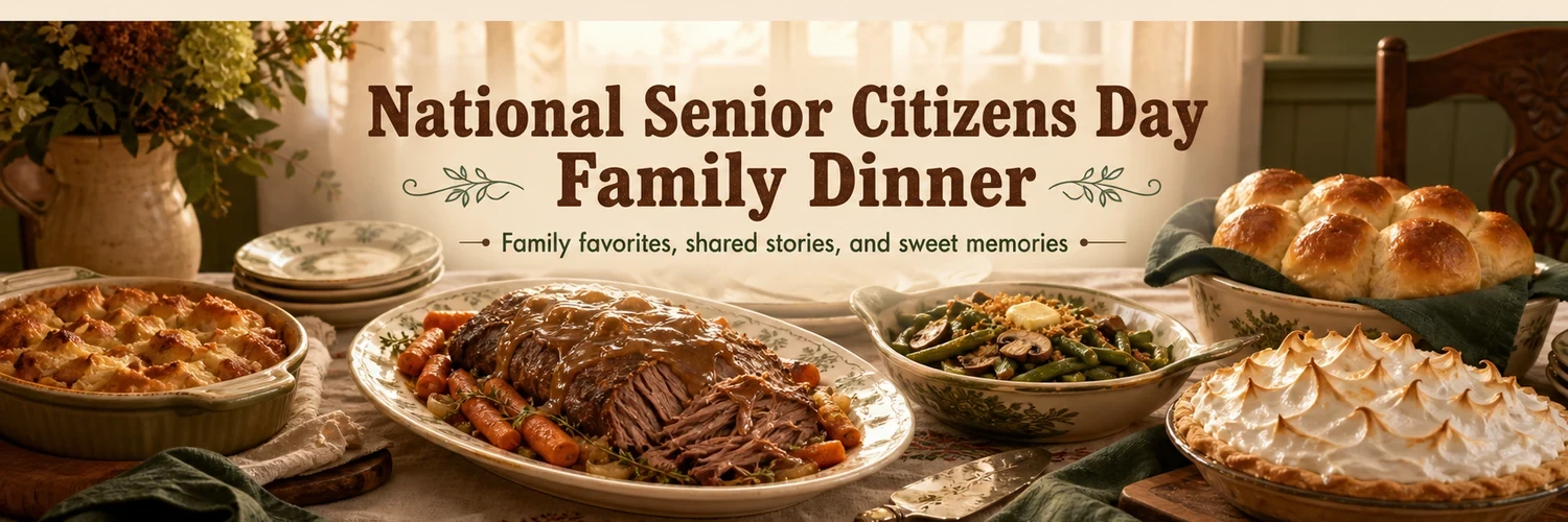A warm family dinner spread with pot roast, green beans, rolls, apple pandowdy, and butterscotch pie beneath the National Senior Citizens Day Family Dinner headline.
