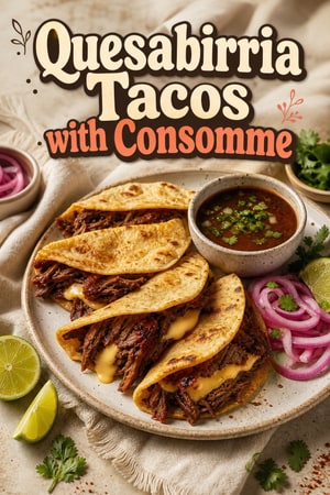 Quesabirria Tacos with Consomme and Pickled Onions