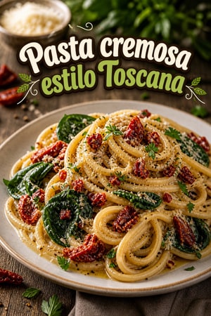 Pasta cremosa estilo Toscana con espinacas y tomates secos