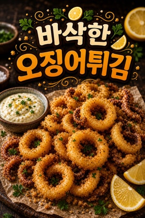 레몬과 갈릭 아이올리를 곁들인 바삭한 황금빛 오징어 튀김(칼라마리)