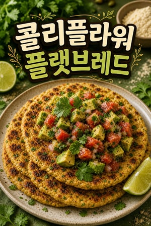 콜리플라워와 마사하리나로 만든 저탄수 플랫브레드에 아보카도 토마토 살사