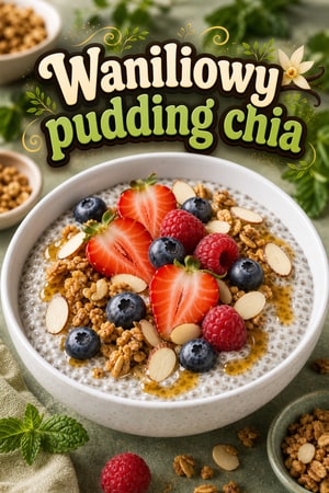 Waniliowy pudding chia z migdałami, owocami i granolą