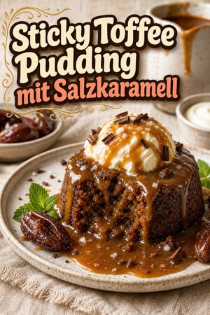 Sticky Toffee Pudding mit Salzkaramell und Sahne hausgemacht