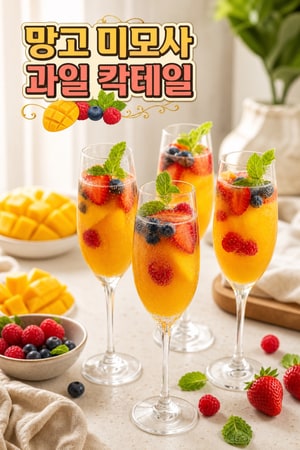신선한 과일을 곁들인 망고 미모사 칵테일 레시피