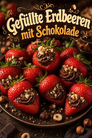 Luxuriöse gefüllte Erdbeeren mit Schokoganache und Haselnuss-Crunch