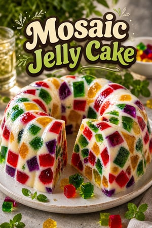 Vibrant Mosaic Jelly Cake with Creamy Vanilla Base