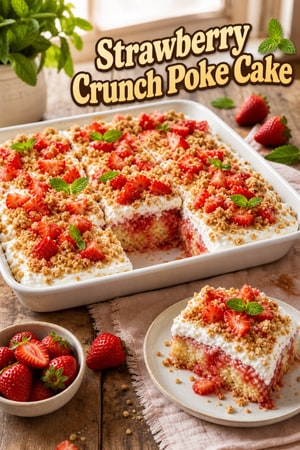 Strawberry Crunch Poke Cake with Fresh Berries