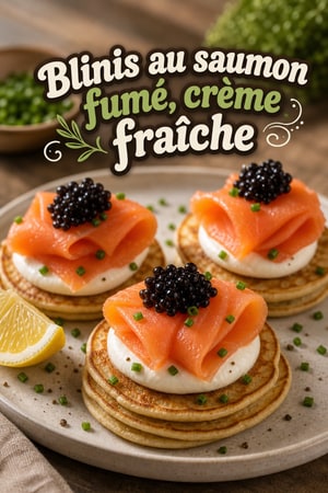 Blinis au saumon fumé, crème fraîche et caviar (facile)