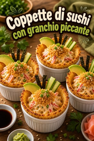 Coppette di Sushi Bake con granchio piccante e croccante