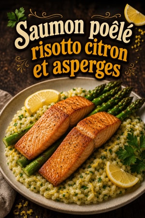 Saumon poêlé avec risotto citron-herbes et asperges