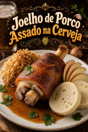 Joelho de Porco Assado na Cerveja com Chucrute e Bolinhos