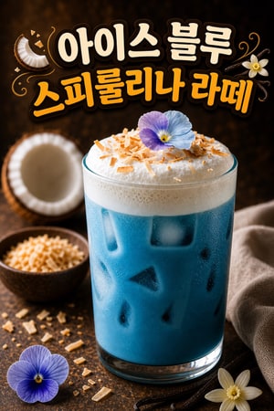 상큼하고 크리미한 코코넛 바닐라 폼 아이스 블루 라떼 집에서 만드는 쉬운 건강 음료, 스피룰리나 라떼