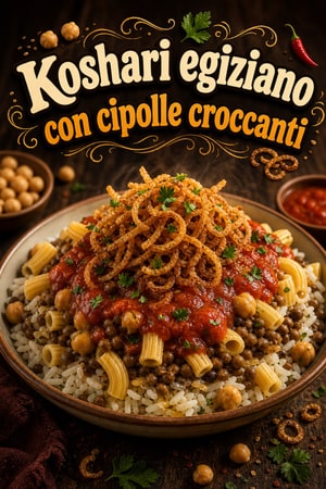 Koshari egiziano autentico: riso, lenticchie e cipolle
