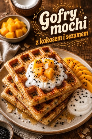 Chrupiące gofry mochi z kokosem i prażonym czarnym sezamem