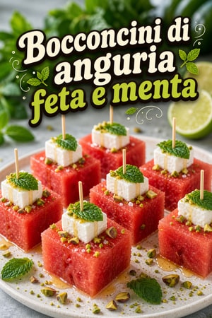Bocconcini di anguria, menta e feta con scorza di lime