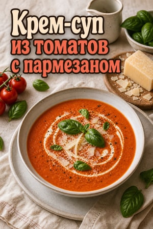 Кремовый томатный суп с пармезаном и свежим базиликом