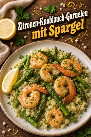 Zitronen-Knoblauch-Garnelen mit Spargel und Blumenkohlreis