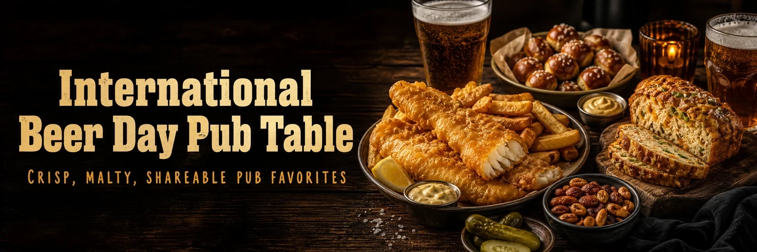 Beer-battered fish and chips with pretzels, lager bread, and pub snacks beside the International Beer Day headline.