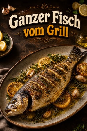 Gegrillter ganzer Fisch mit Knoblauch und Zitrone