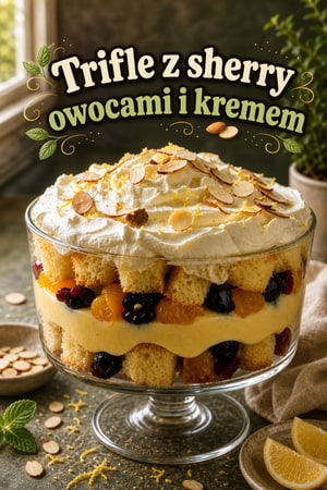 Klasyczny trifle z sherry, owocami, kremem i biszkoptem