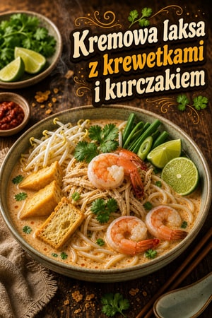 Kremowa malajska laksa z krewetkami i kurczakiem aromatyczna