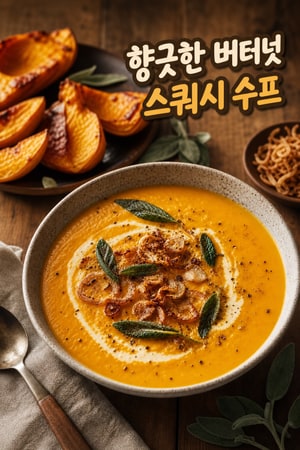 향긋한 버터넛 스쿼시 수프 - 세이지와 바삭한 샬롯