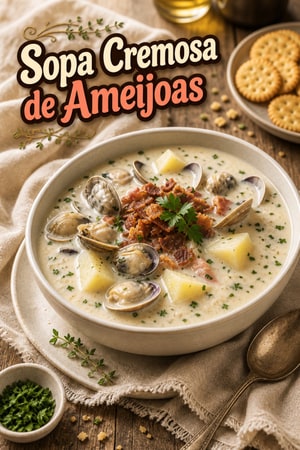 Clam Chowder: Sopa de Ameijoas Cremosa com Bacon e Ervas