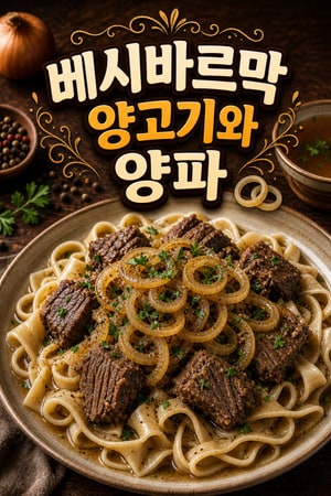 베시바르막 - 손으로 썬 넓은 면에 양고기 조림과 달콤한 양파육수를 얹은 카자흐스탄식 포근한 저녁식사