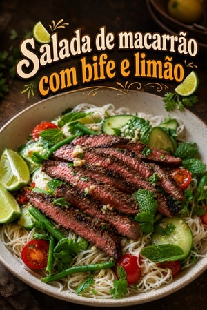 Salada de macarrão de arroz com bife, alho e limão