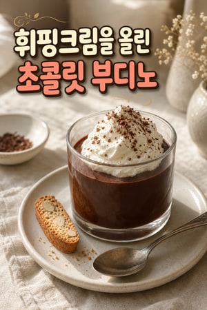 부드러운 휘핑크림을 올린 초콜릿 부디노