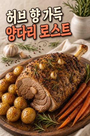 프랑스식 부활절 양다리 로스트 — 허브 갈릭 크러스트와 야채 구운 감자와 당근 소스 곁들임