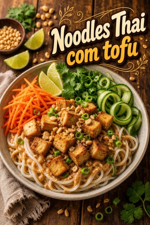 Taça de Massa de Arroz ao Estilo Thai com Tofu e Amendoim