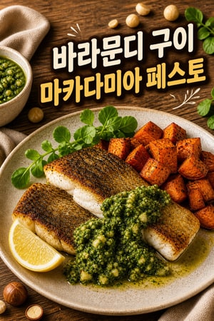 바삭한 껍질의 바라문디 구이와 고소한 마카다미아 페스토 레시피