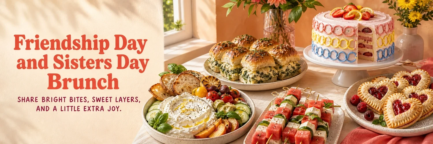 A brunch board, sliders, fruit skewers, friendship cake, and heart pies on a bright shared table