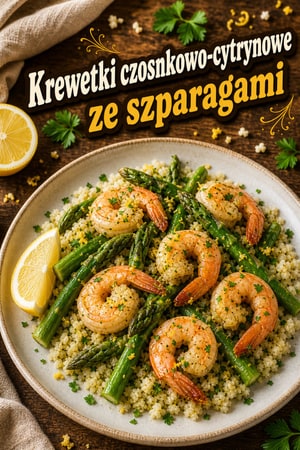 Cytrynowe krewetki z czosnkiem, szparagami i ryżem z kalafiora