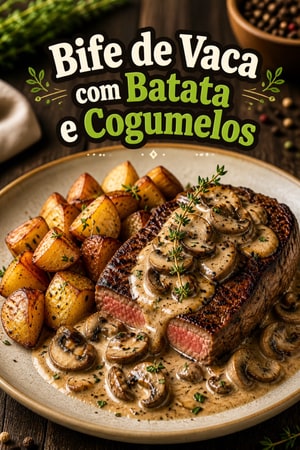 Bife de Vaca com Batata e Cogumelos em Molho de Manteiga