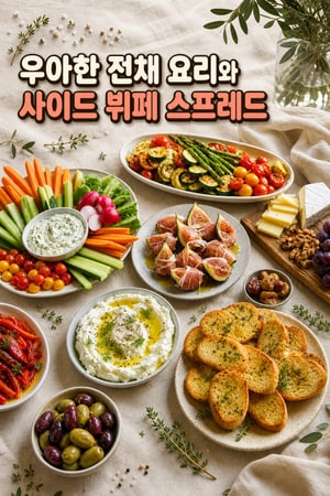 우아한 전채 요리와 사이드 뷔페 스프레드