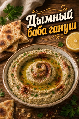 Копчёный запечённый баба гануш с лимоном и тахини