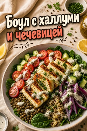 Средиземноморский боул с халлуми и чечевицей: максимум белка