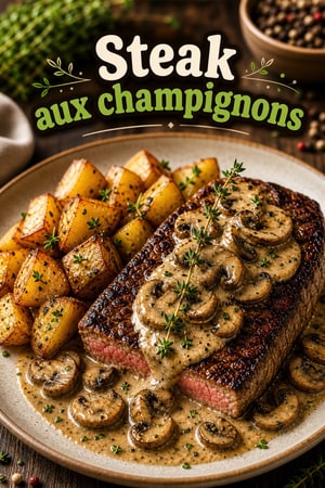 Steak de bœuf avec pommes de terre et champignons à la sauce crémeuse