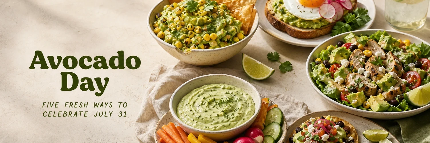 Wide Avocado Day spread with guacamole, avocado toast, chicken salad, herb dip, and black bean tostadas