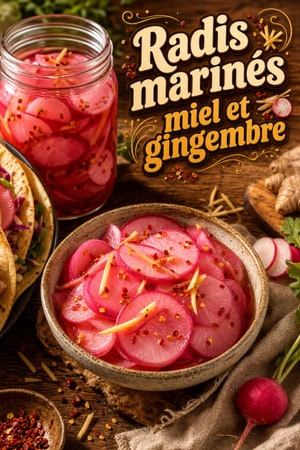 Radis marinés express au miel, gingembre et piment