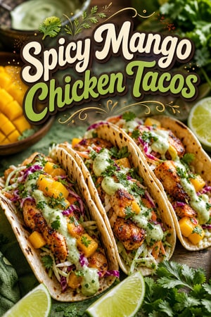 Spicy Mango Chicken Tacos with Cilantro-Lime Slaw & Crema