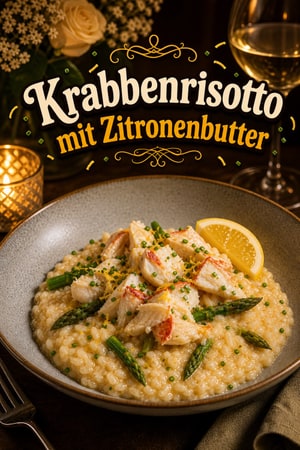 Elegantes Krebs-Risotto mit in Butter pochiertem Fleisch