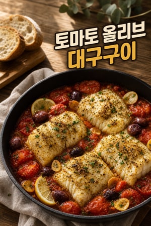 토마토와 올리브를 곁들인 베이크드 대구 - 지중해식 요리