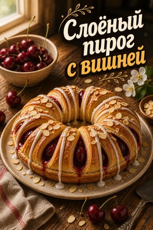 Простой слоеный пирог с вишней и миндальной глазурью